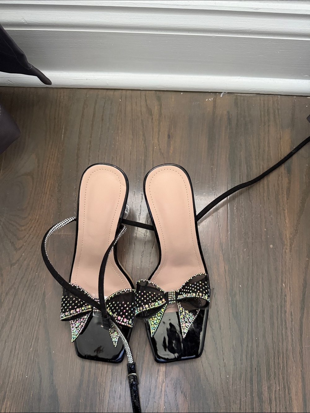 SHEIN Black Patent Slide Heels with Iridescent Bow Accent